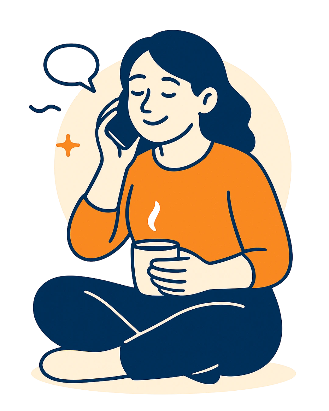 Femme assise en train de téléphoner, sourire doux, pantalon bleu profond, haut orange, mug beige à la main. Illustration flat au style Nelly Sébastien, symbolisant un appel découverte calme et bienveillant.