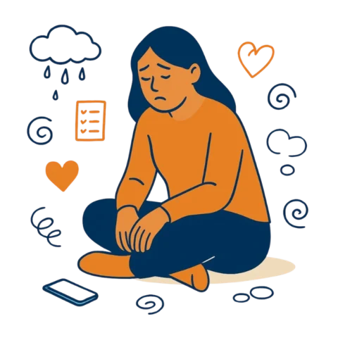 Illustration représentant une femme fatiguée par la charge mentale et la fatigue intérieure, symbole d’un coaching de vie au quotidien sans pression.