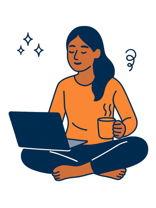 Illustration d’une femme assise calmement avec un ordinateur portable et une tasse chaude, symbolisant un moment d’e-coaching à son rythme. Style vectoriel doux aux couleurs bleu profond et orange, utilisé sur la page d’accueil de Nelly Sébastien, coach de vie.