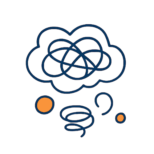 Illustration d’un cerveau emmêlé représentant la charge mentale et les pensées qui tournent en boucle, dans un coaching de vie en ligne.