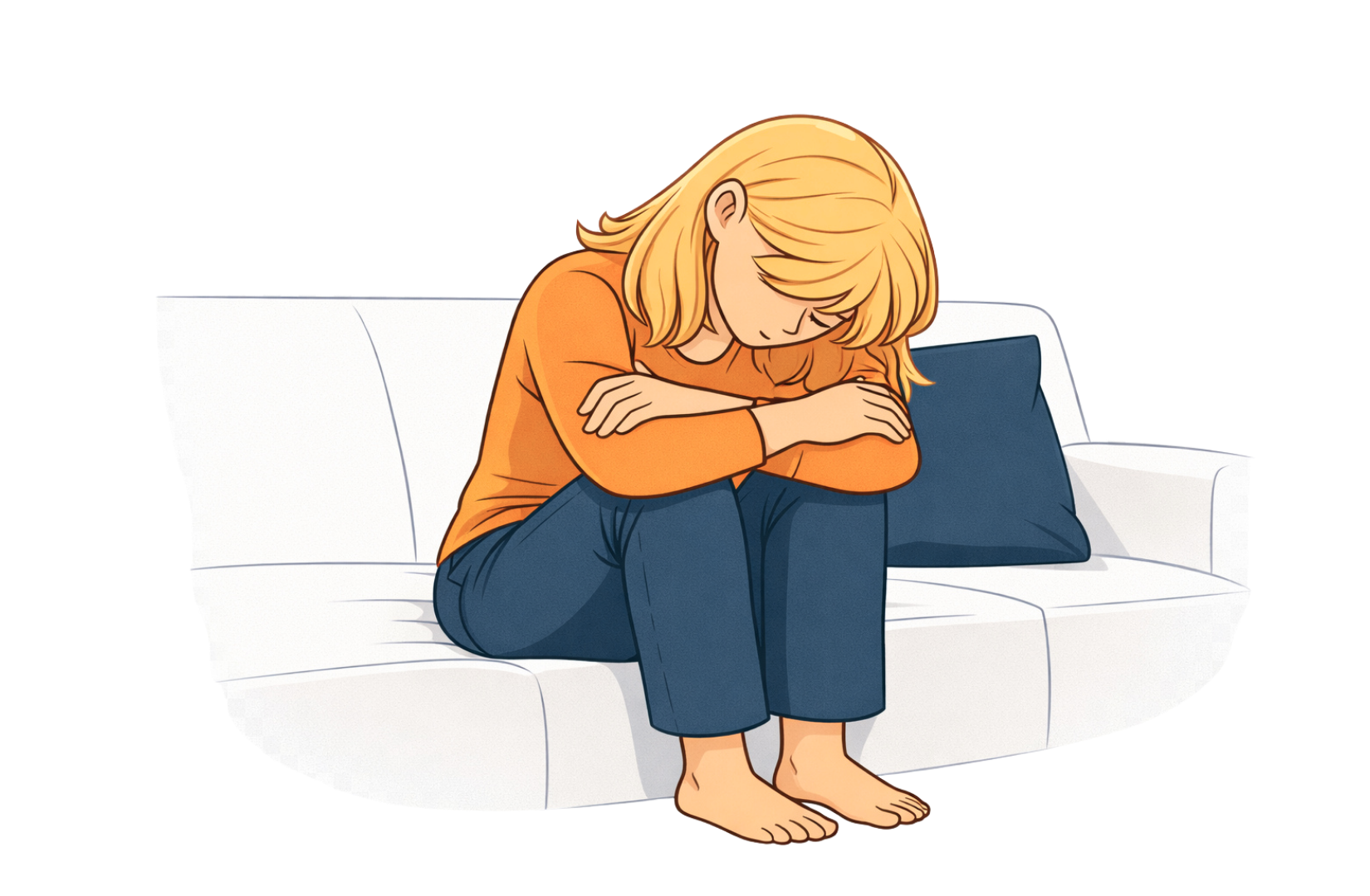 Femme assise sur un canapé, recroquevillée, visiblement épuisée par la charge mentale et la fatigue mentale