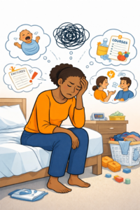 Illustration représentant une femme assise sur son lit, submergée par la charge mentale et la fatigue mentale au quotidien