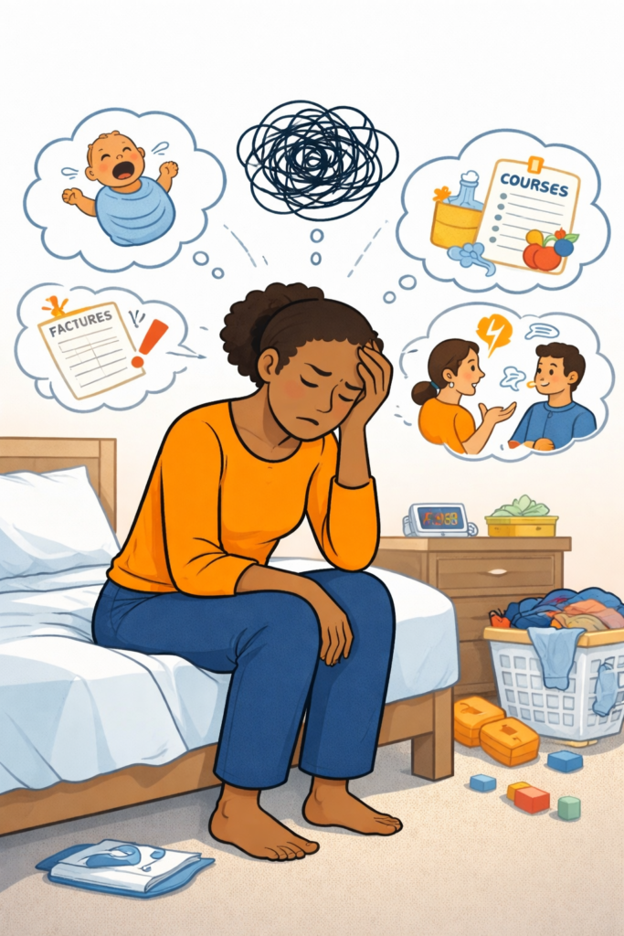 Illustration représentant une femme assise sur son lit, submergée par la charge mentale et la fatigue mentale au quotidien