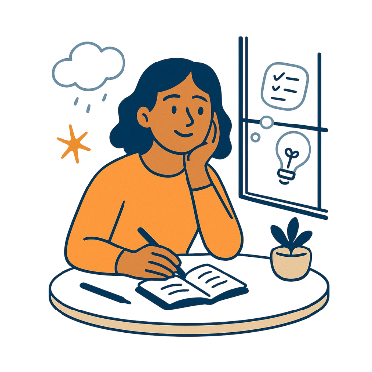 Illustration d’une femme posée représentant la charge mentale et l’épuisement émotionnel, dans un accompagnement de coaching de vie humain et sans pression.