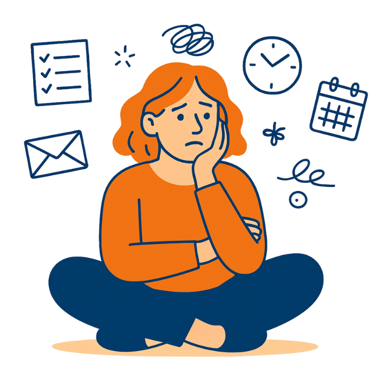 Illustration d’une femme assise, submergée par la charge mentale du quotidien, symbole du coaching de vie en ligne et de l’e-coaching.