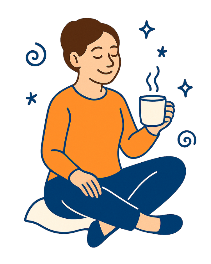 Illustration d’une femme qui s’accorde une pause, symbole d’un coaching de vie sans pression pour alléger la charge mentale et la fatigue intérieure.