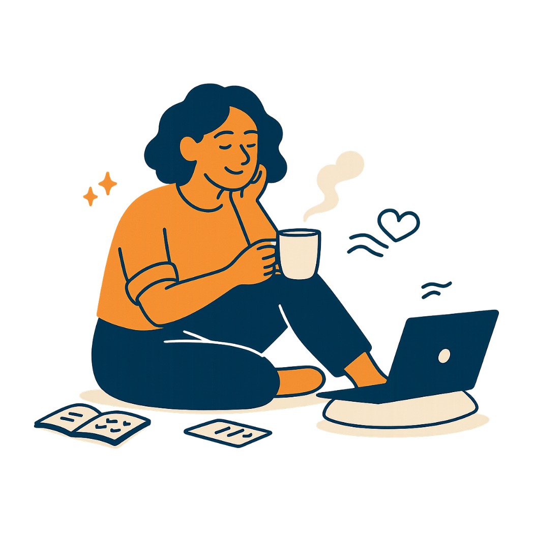 Illustration d’une séance de coaching individuel en ligne, dans un espace calme et bienveillant, propice à la réflexion et au dépôt de ce qui pèse.