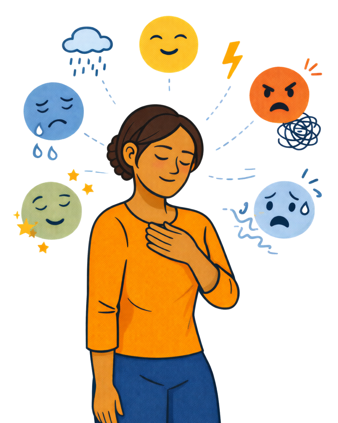 Femme à l’écoute de ses émotions, entre émotions débordantes et apaisement intérieur