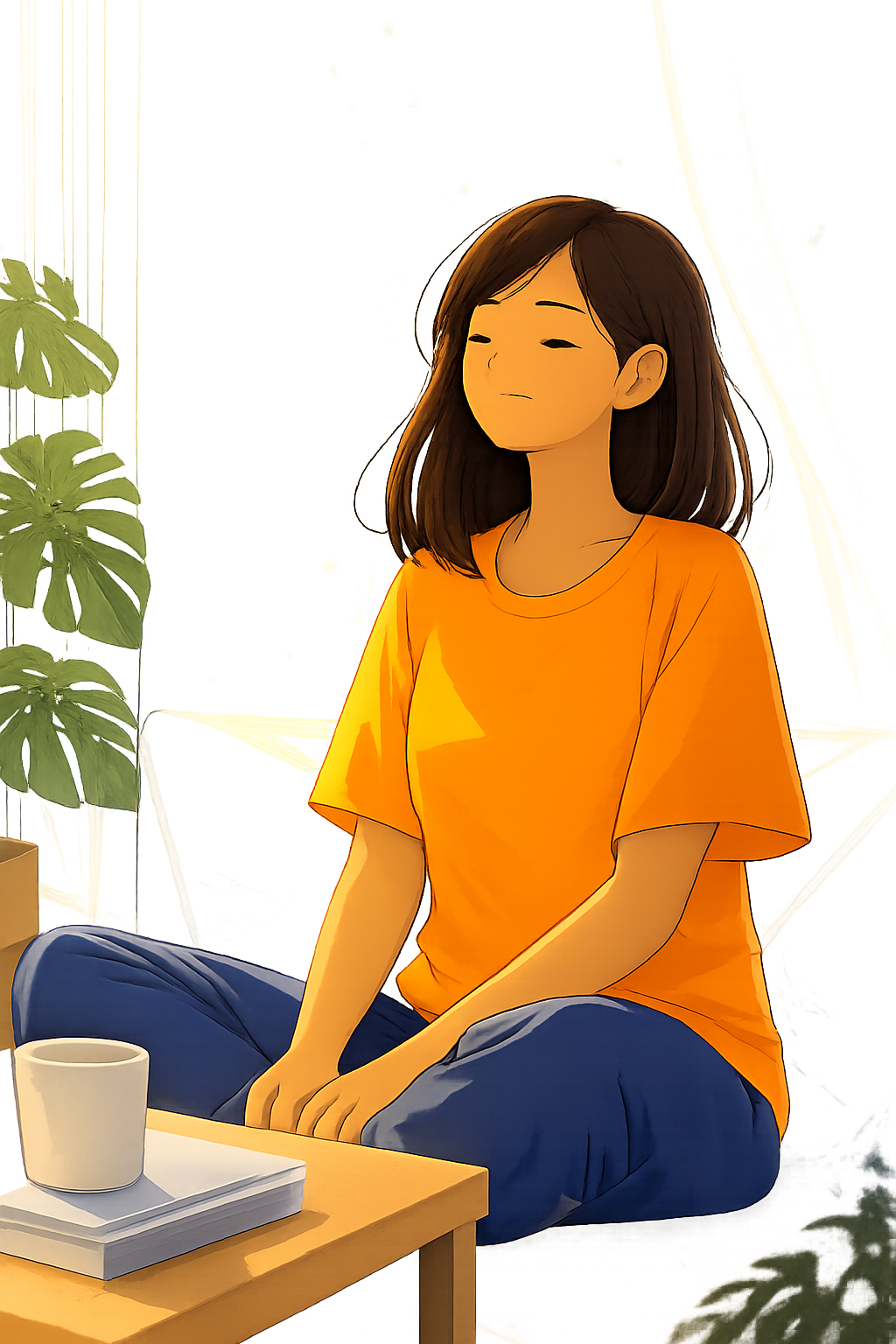 Illustration d’une femme assise calmement, symbolisant l’allègement de la charge mentale et la récupération émotionnelle