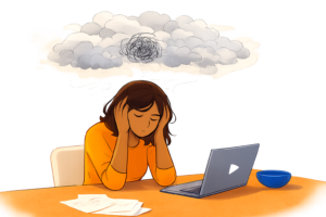 Femme épuisée professionnellement, tête entre les mains, illustrant la charge mentale au travail et la fatigue mentale invisible