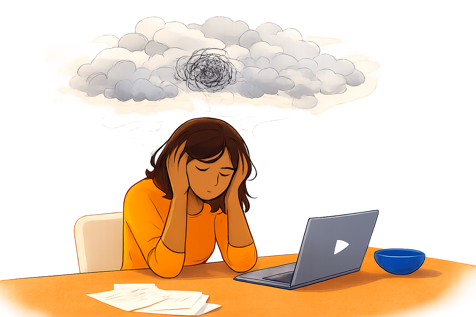 Femme épuisée professionnellement, tête entre les mains, illustrant la charge mentale au travail et la fatigue mentale invisible