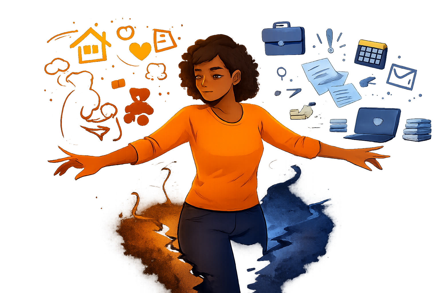 Illustration d’une femme partagée entre responsabilités professionnelles et vie personnelle, symbolisant la charge mentale et le tiraillement intérieur